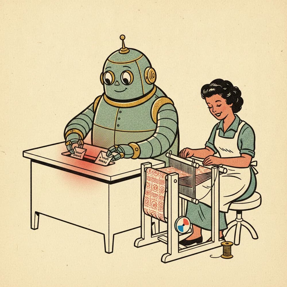 A small agent quietly handling a repetitive task while the craftsperson works nearby.
