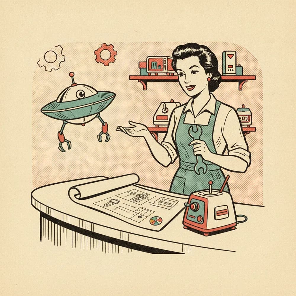 A craftsperson describing a chore to a small friendly agent across a counter.