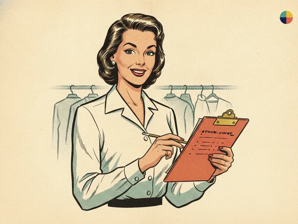 A boutique back-office manager holding a stock-count clipboard by a clothing rail and inventory cartons.
