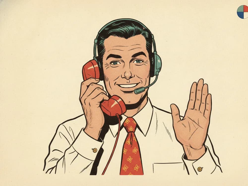A customer-support agent wearing a headset, taking a call on a telephone handset.