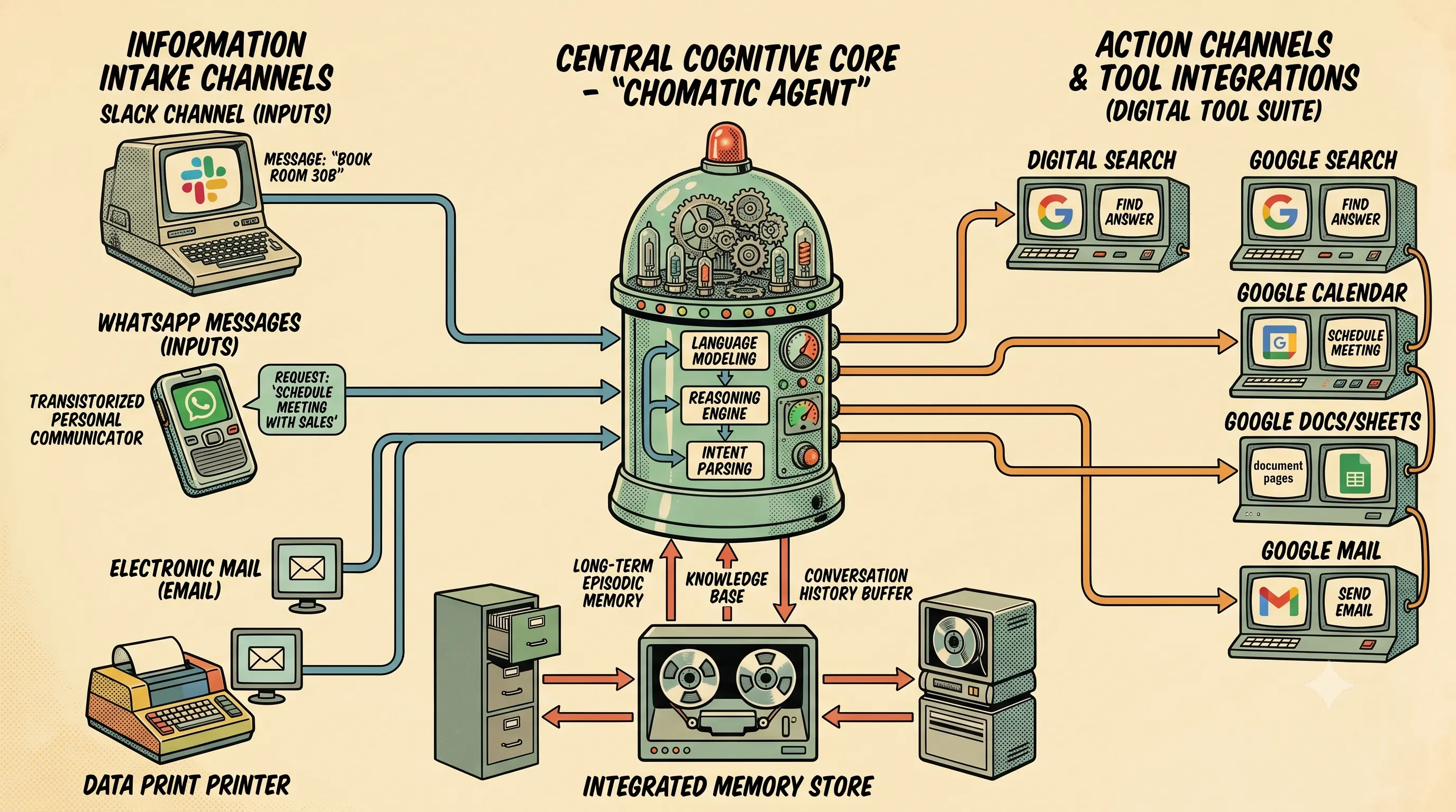 Diagram showing intake channels flowing into a central Chore-o-matic agent, which uses memory and action tool integrations.